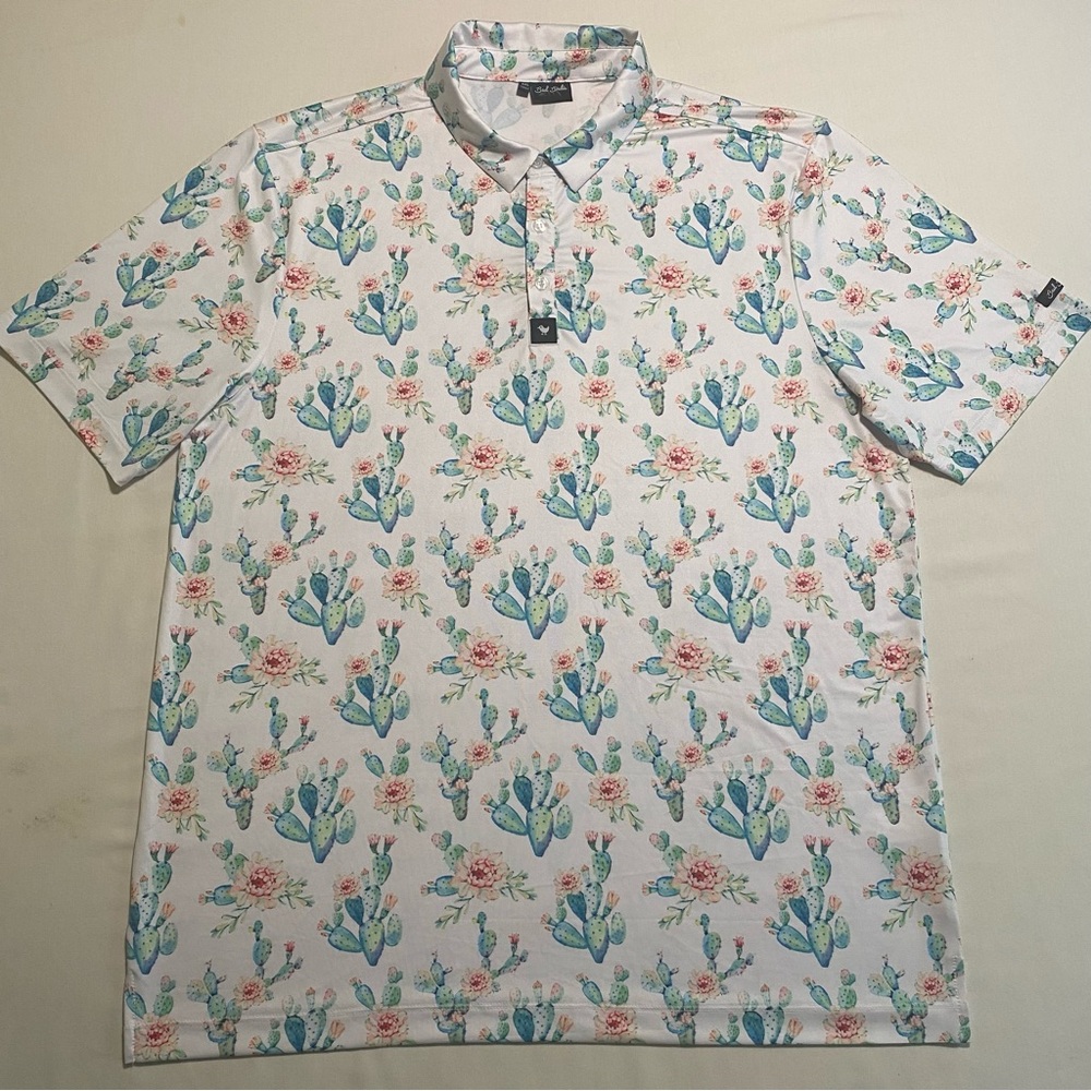 Bad Birdie Floral Cactus Polo Mens L Golf Performance Stretch - Picture 2 of 14